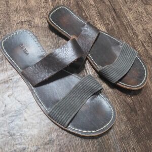 VELEZ Leather Slide Sandals Mens 9 Brown Contrast Stitch Casual Summer Shoes